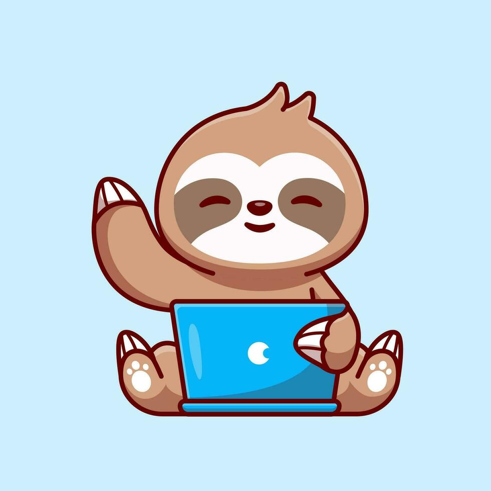Cute Sloth Working On Laptop Cartoon Vector Icon  Illustration. Animal Technology Icon Concept Isolated  Premium Vector. Flat Cartoon Style