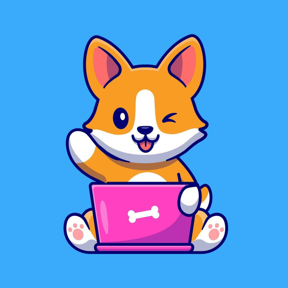 Cute Corgi Dog Working On Laptop Cartoon Vector Icon  Illustration. Animal Technlogy Icon Concept Isolated Premium  Vector. Flat Cartoon Style
