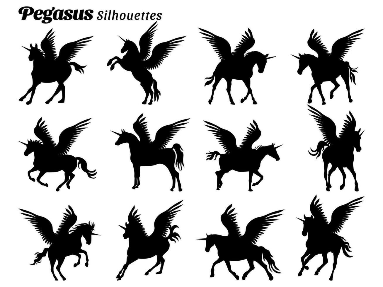 Pegaso siluetas vector ilustración conjunto