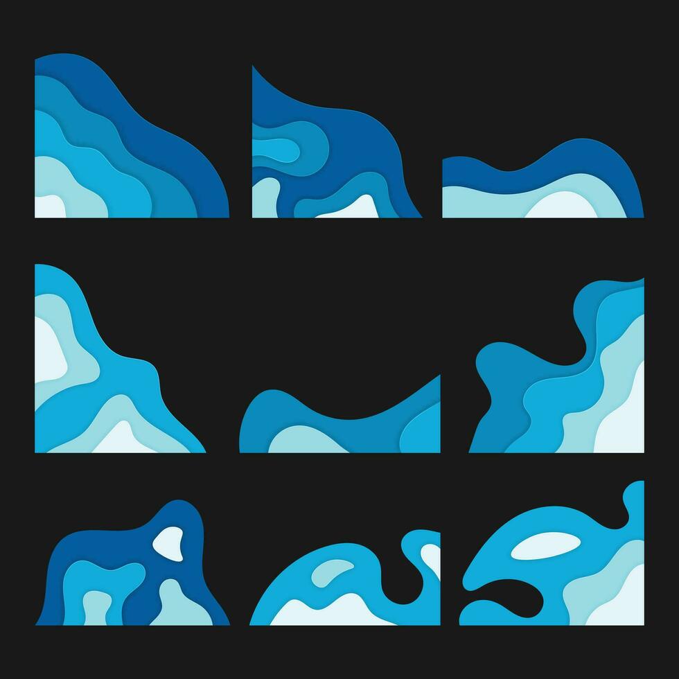 abstract blue paper cut wavy shapes set. collection of papercut waves for banner, cover, business presentations, flyer, poster. vector illustration