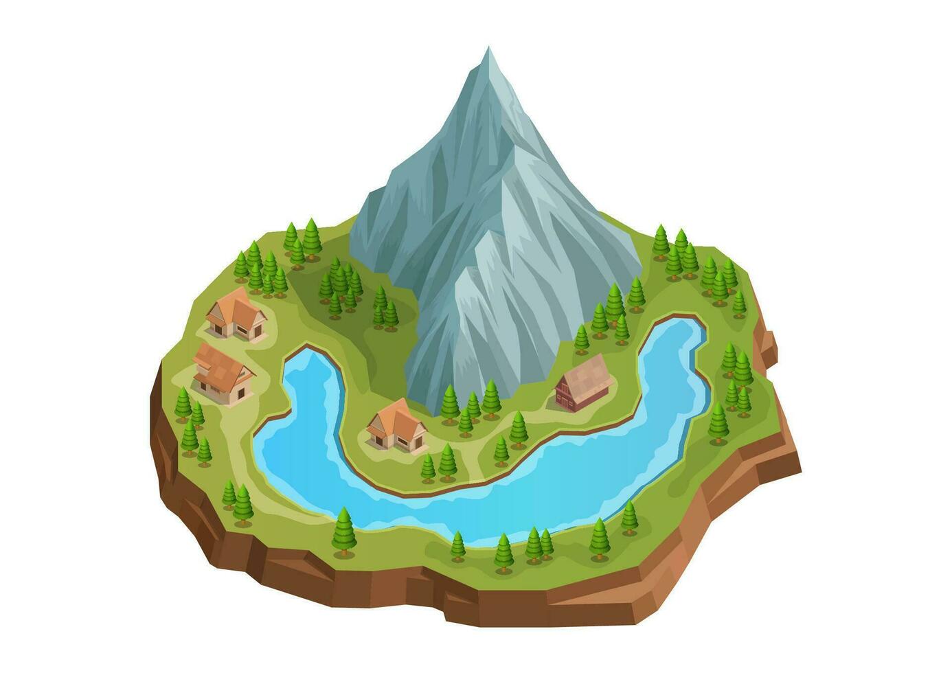 Isometric mountain with lake and village. vector