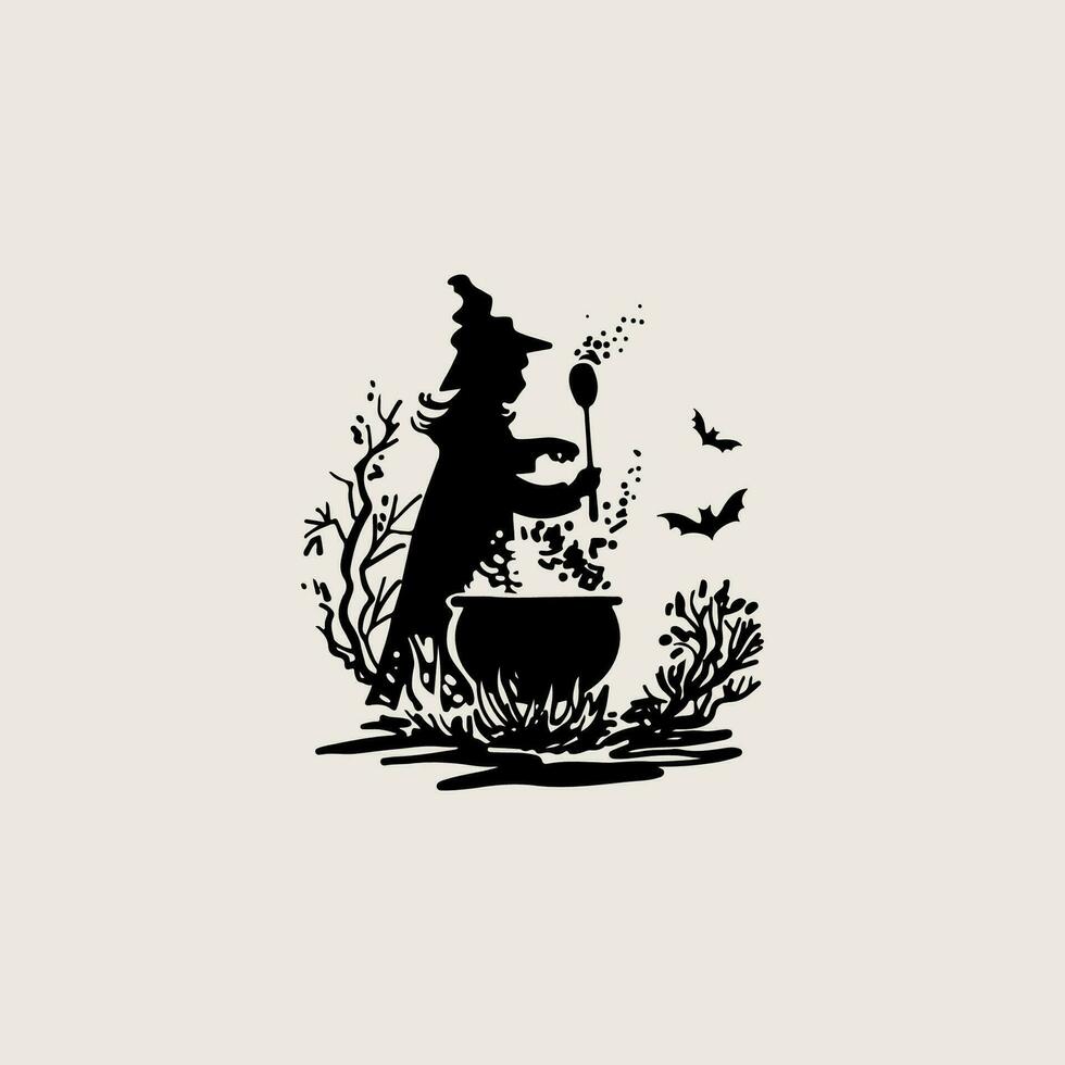 Young witch brews potion. Halloween witch illustration. Hand drawn sketch. vector