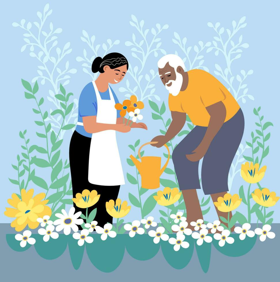 Elderly couple, mixed-race family, tending the garden and plants vector