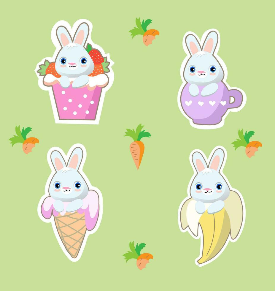 Cute kawaii hand drawn face bunny rabbit in anime style in a cup of tee, babana,an ice-cream, a strawberry cocktail vector