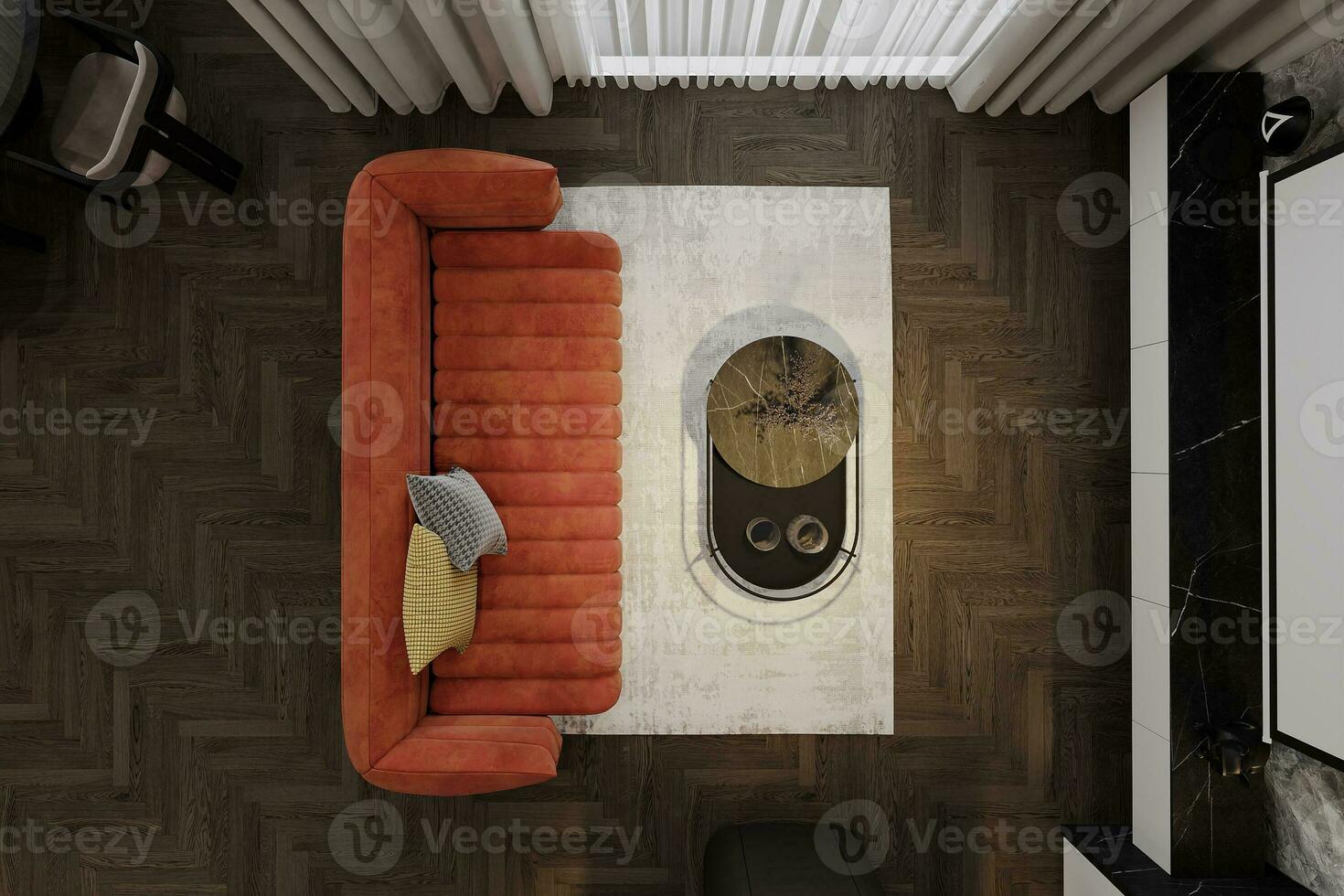 vivo habitación desde el parte superior ver de un hogar y interior mueble panorama 3d representación foto