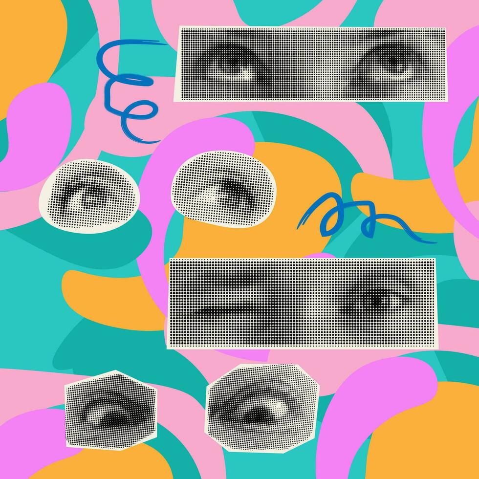 colección mujer ojos como retro trama de semitonos collage recortes para mezclado medios de comunicación diseño. vector