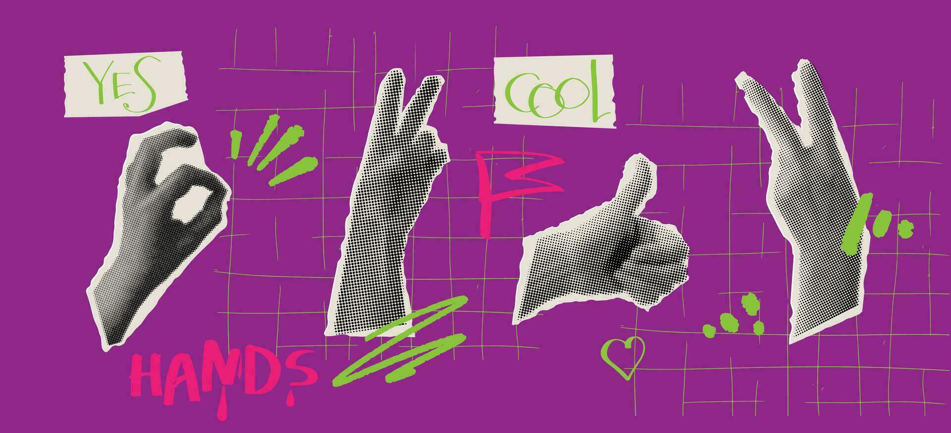 Elements with hands and cutout shape.. Halftone hands gesture in violet background. Retro template for banner, poster, card. Punk art vector illustration.