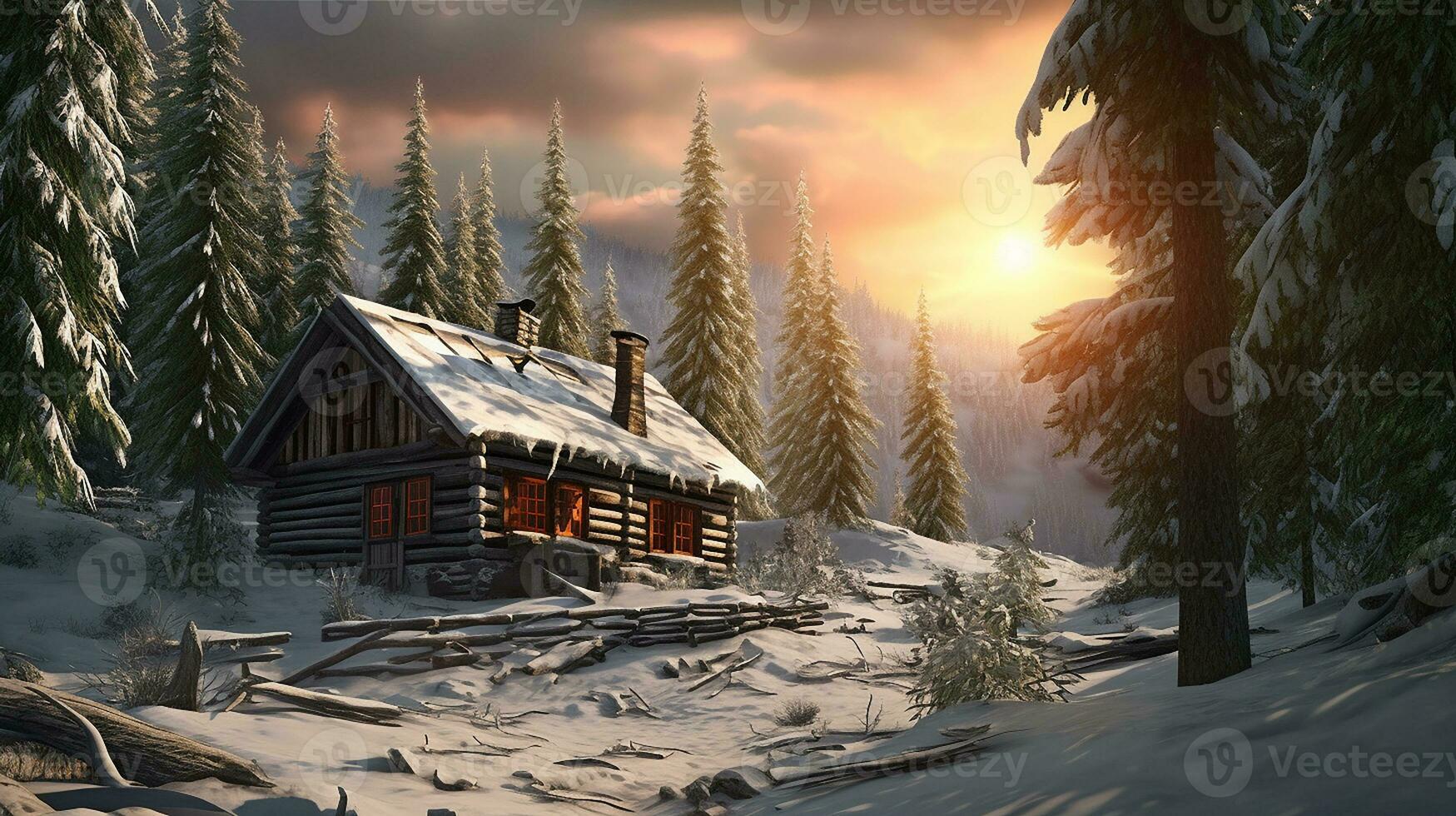 Beautiful Winter hut in a stunning alpine landscape winter scenery AI Generated Image photo