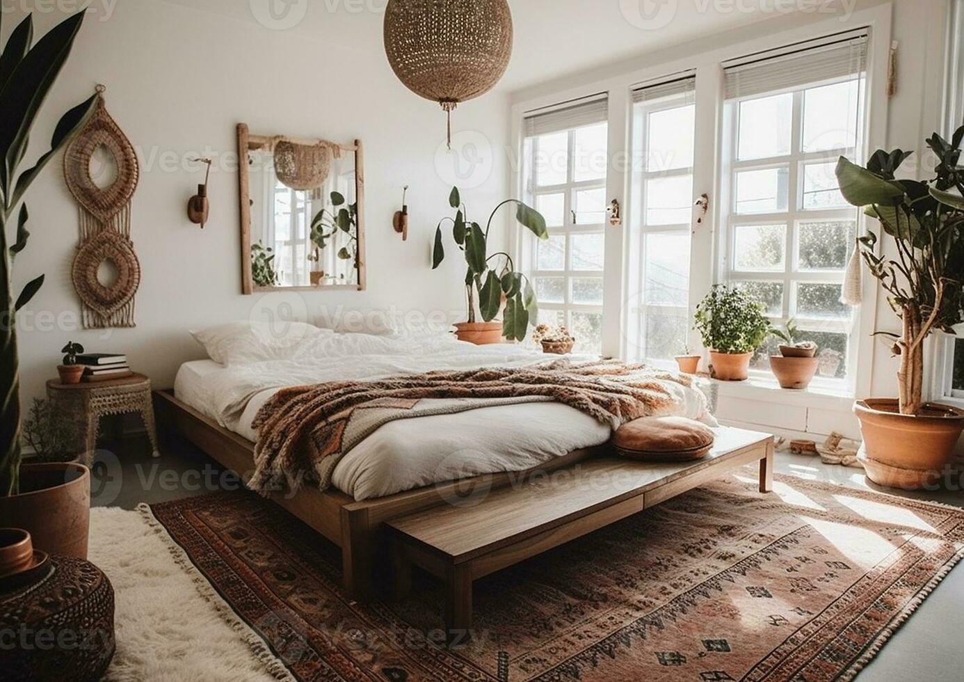 Clean white wall behind bed and furniture modern natural light living room AI Generated Image photo