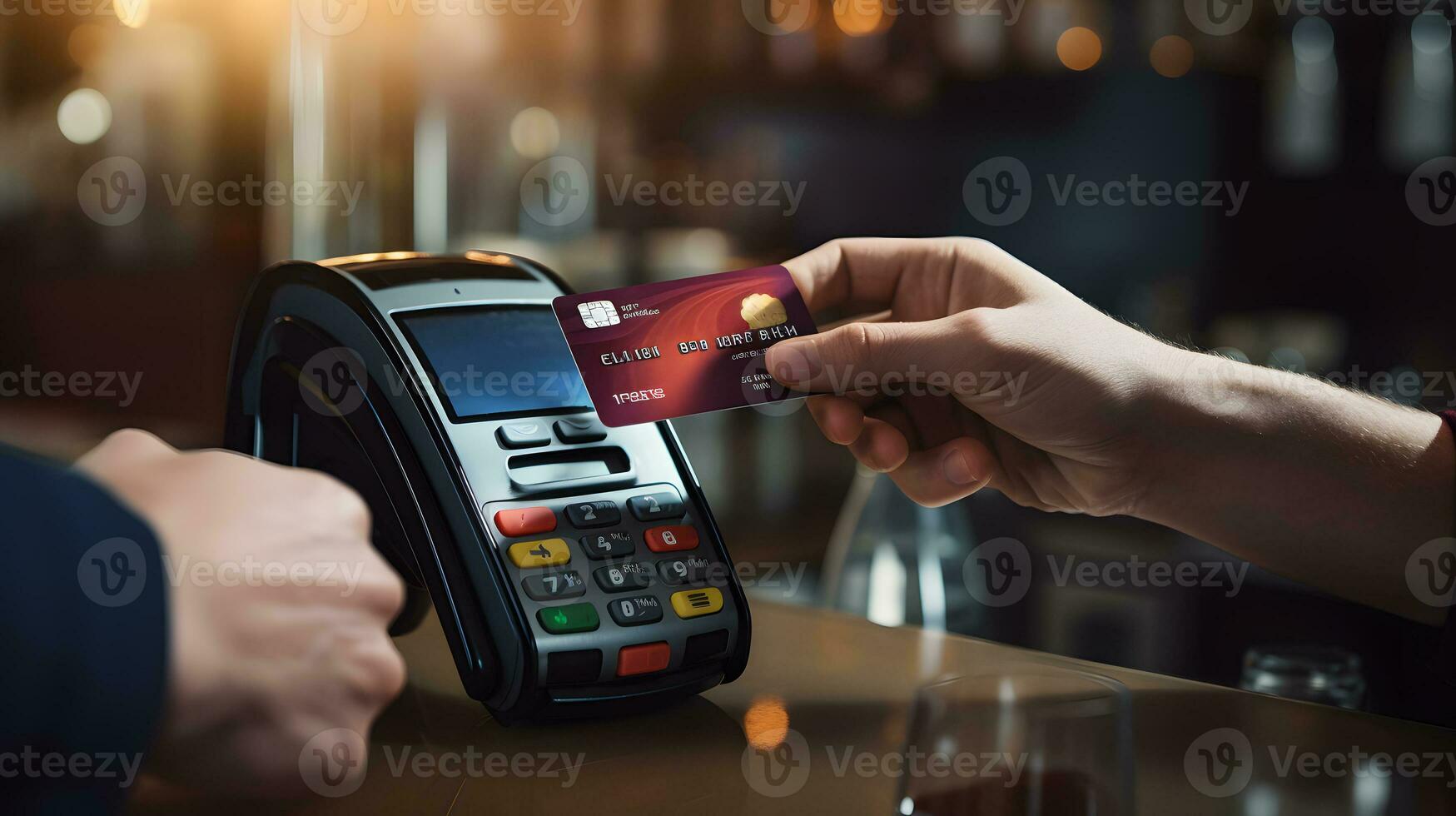 close up payment terminal with credit card in bar AI Generated photo