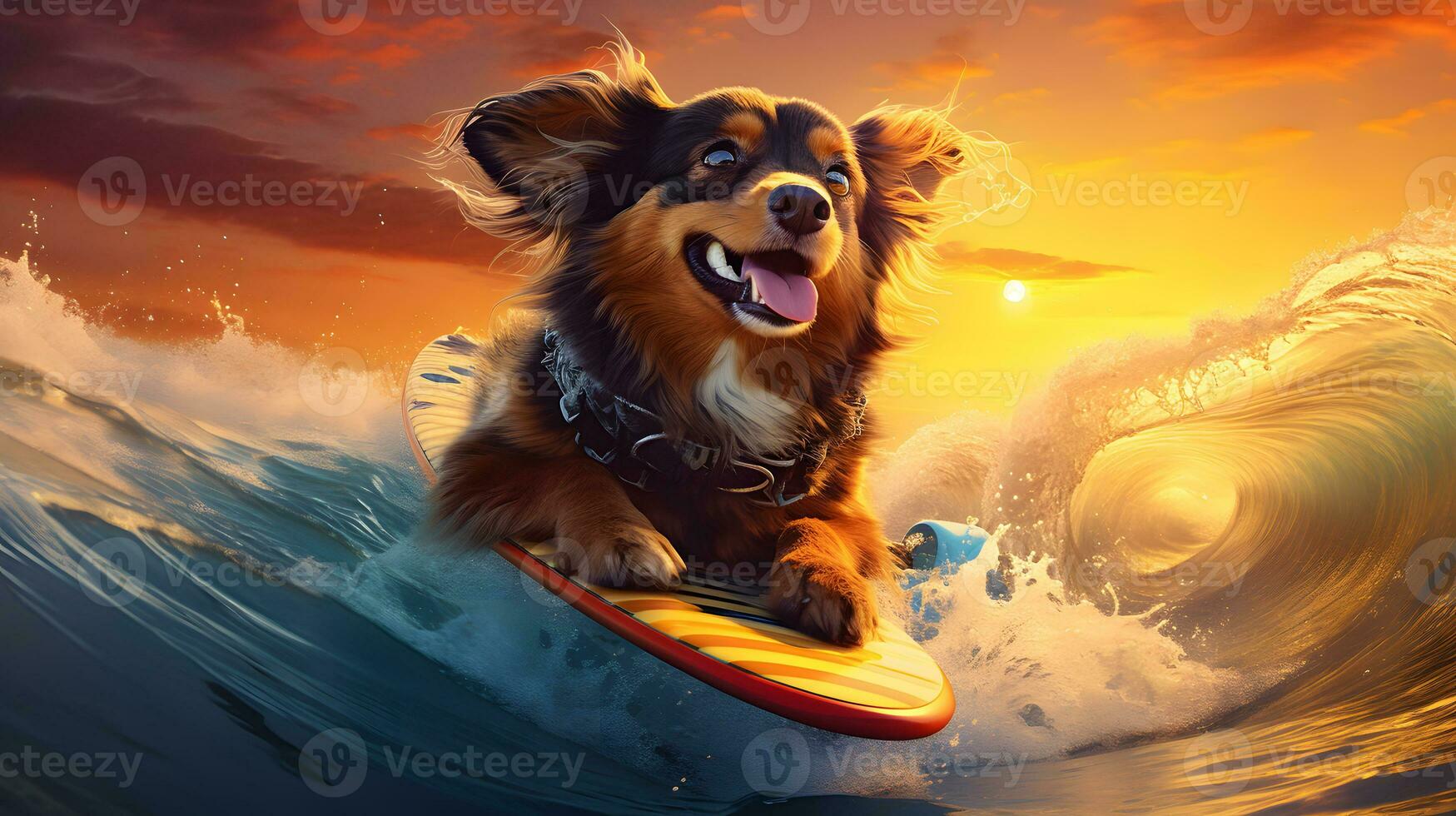 Surfer dog sitting on a surfboard in the ocean at sunset AI Generated photo