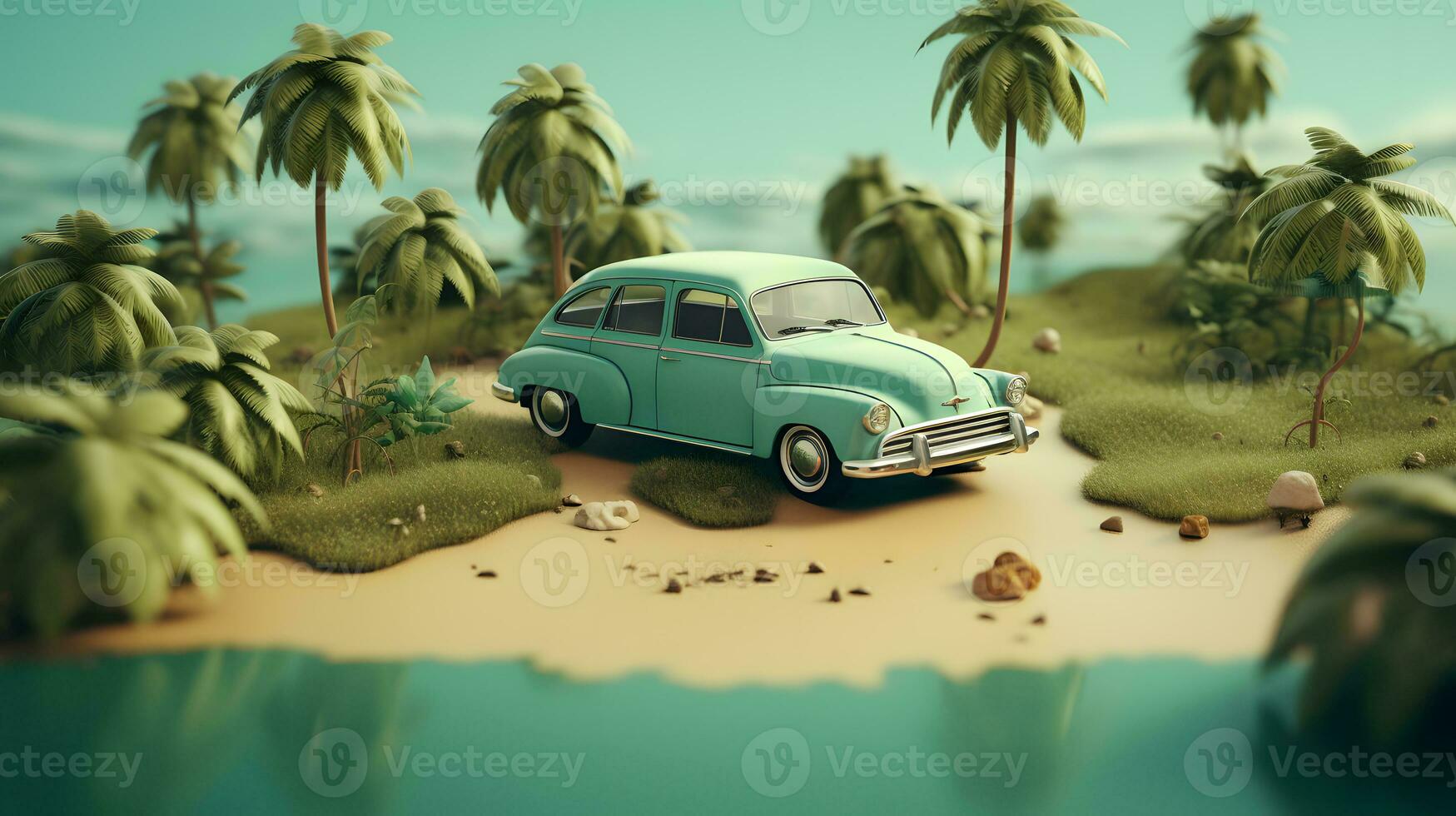 Vintage car with luggage on the beach. Summer vacation concept AI Generated photo