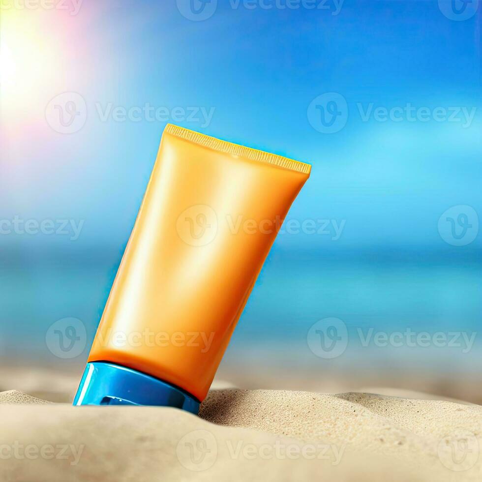 Sunblock Cream Tube On Summer Beach Advertisement Generative AI design. photo