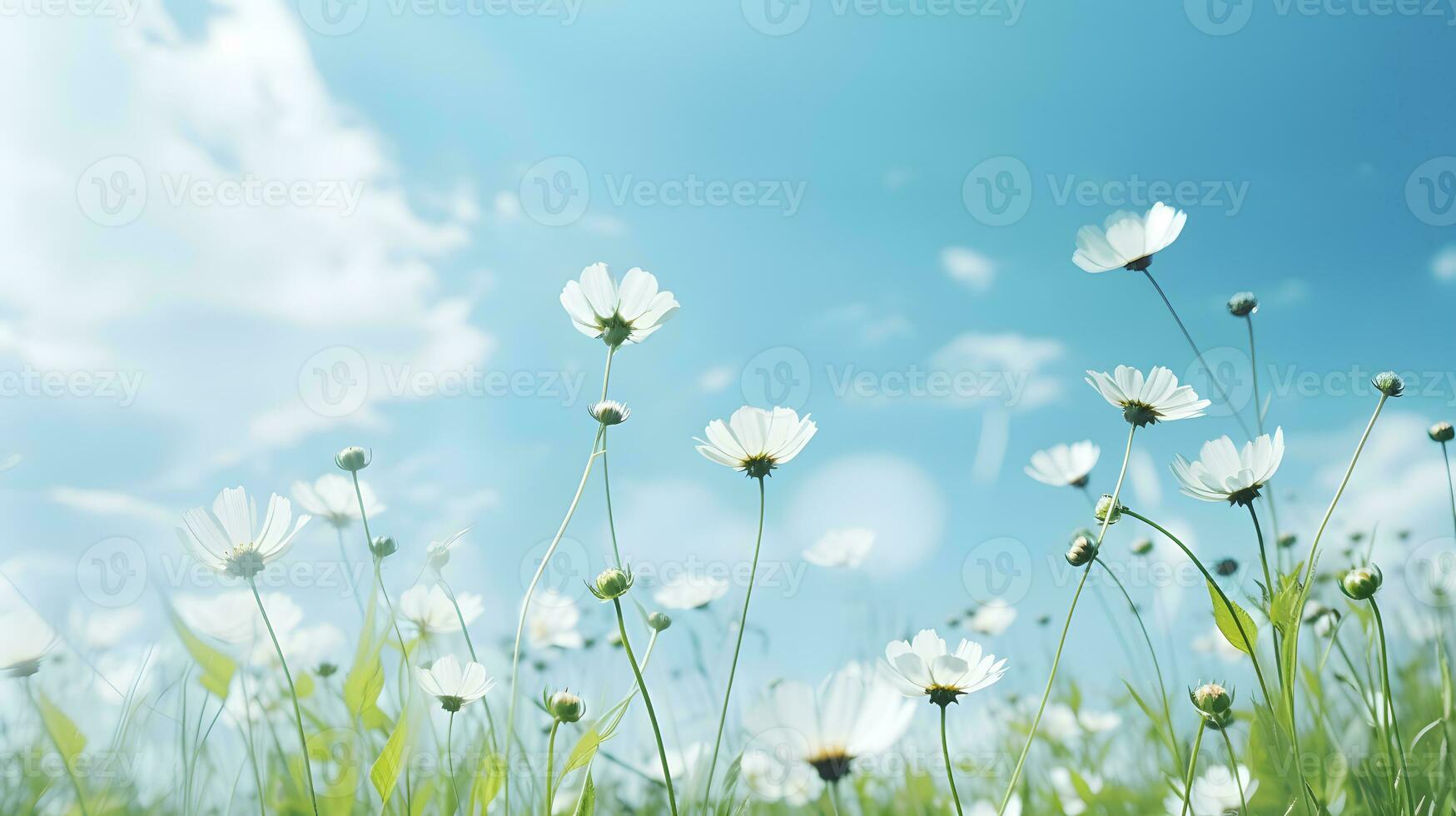 White daisy flowers on blue sky background. Natural floral background AI Generated photo