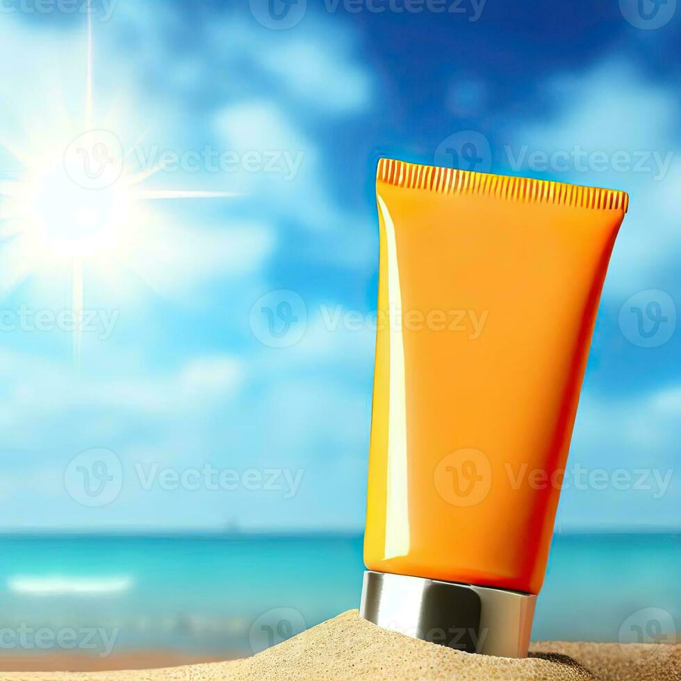 Sunblock Cream Tube On Summer Beach Advertisement Generative AI design. photo