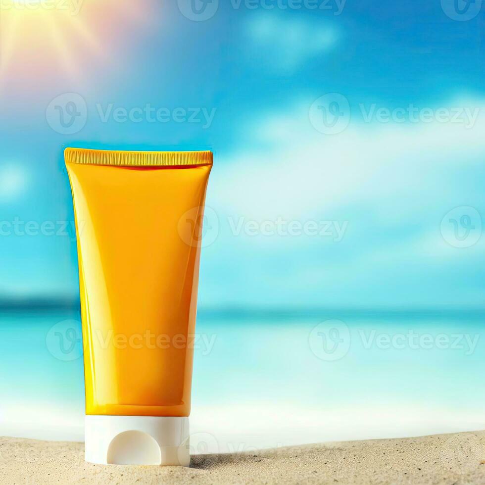 Sunblock Cream Tube On Summer Beach Advertisement Generative AI design. photo