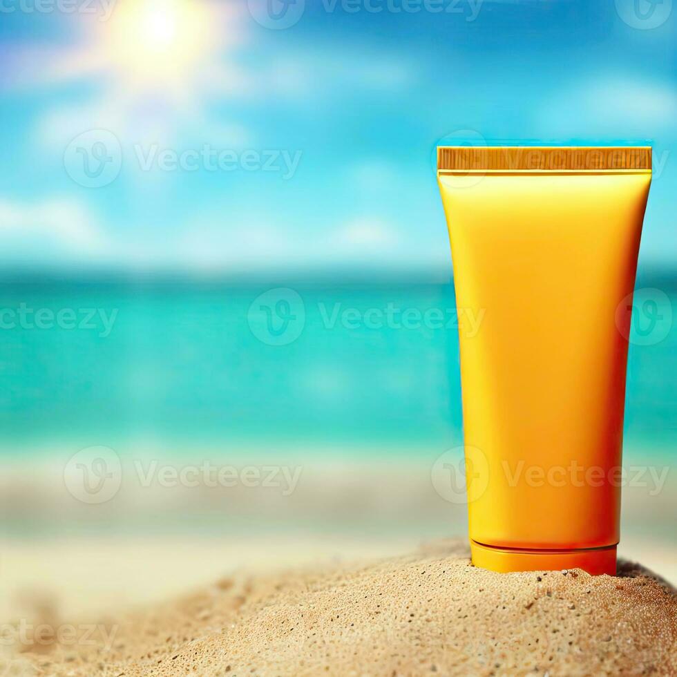 Sunblock Cream Tube On Summer Beach Advertisement Generative AI design. photo