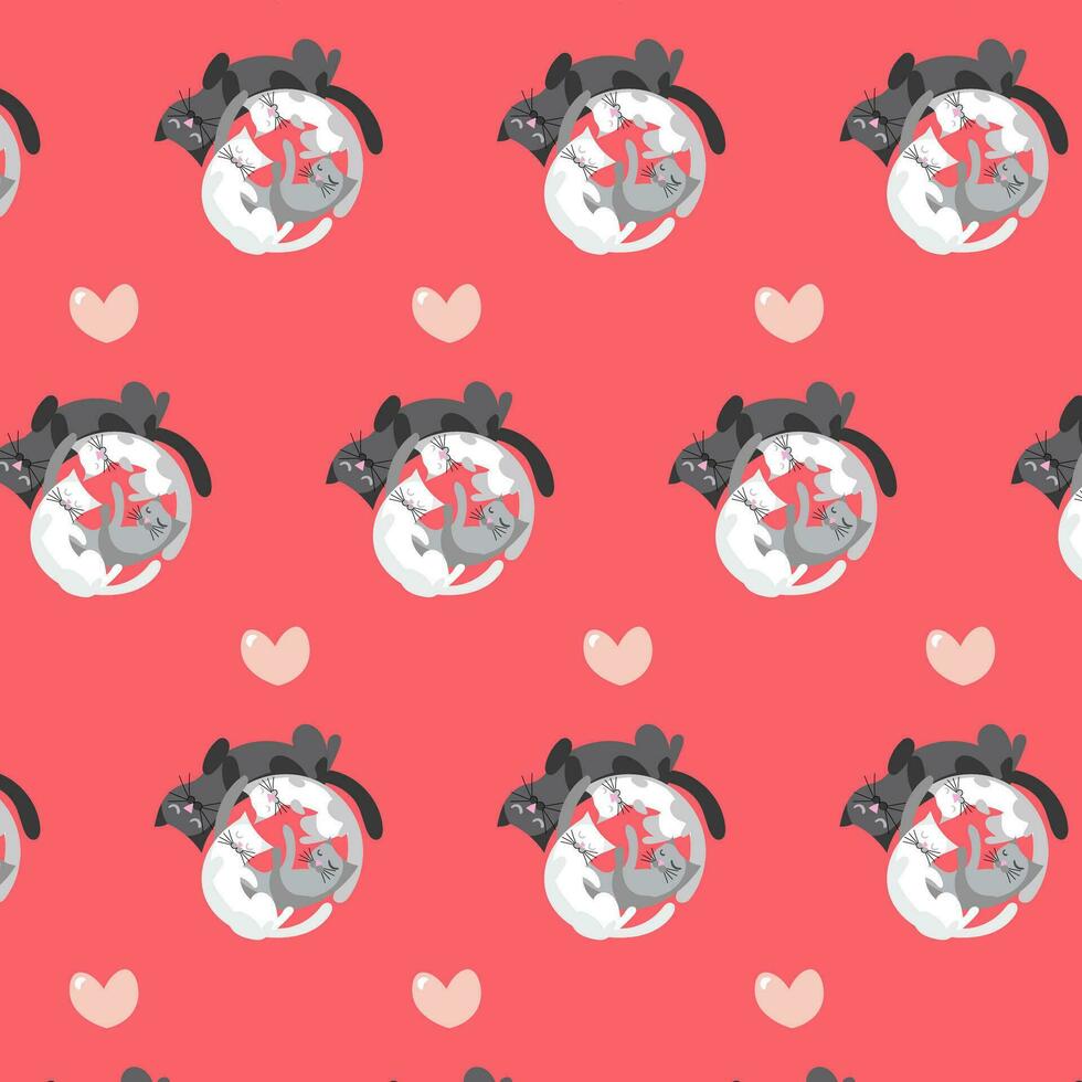 Seamless pattern sleeping cats curled up in a ball on red background vector