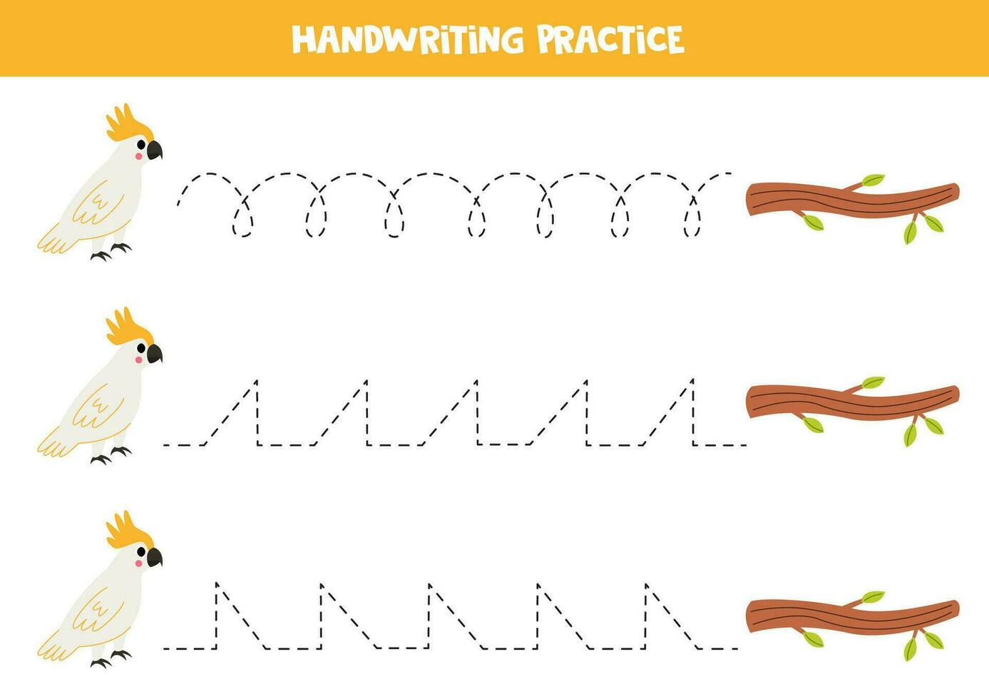 Tracing lines for kids. Cute cockatoo and tree branch. Handwriting practice. vector