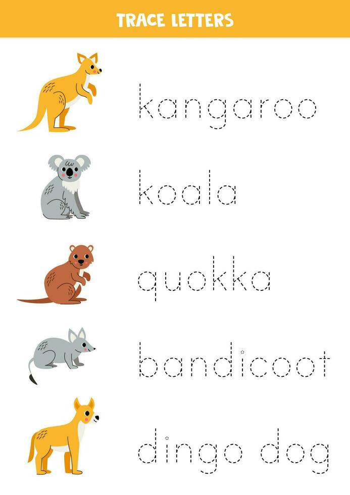 Tracing letters with cute Australian animals. Writing practice. vector
