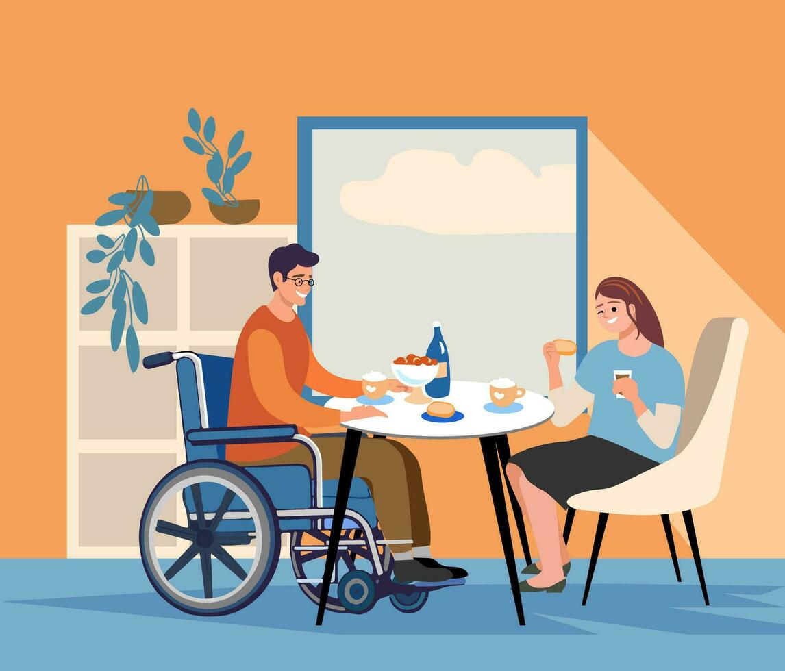 persona con discapacidades en público lugar. amigos en sillas de ruedas sentado en cafetería, Bebiendo café y hablando. metáfora de Introducción dentro moderno sociedad. dibujos animados plano vector ilustración