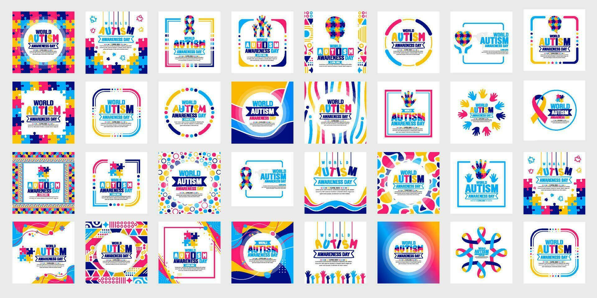 big mega set of World autism awareness day typography sticker or social media post banner design template bundle celebrated in 2 April. use to background, banner, card, greeting card, poster, placard vector