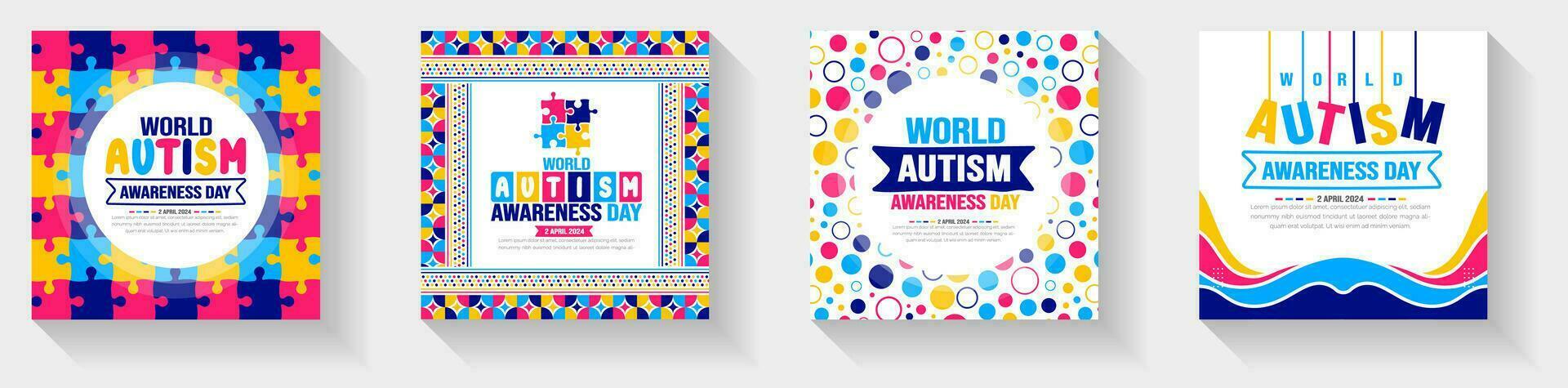 World autism awareness day typography sticker or social media post banner design template set celebrated in 2 April. use to background, banner, card, greeting card, poster, book cover, placard, frame. vector