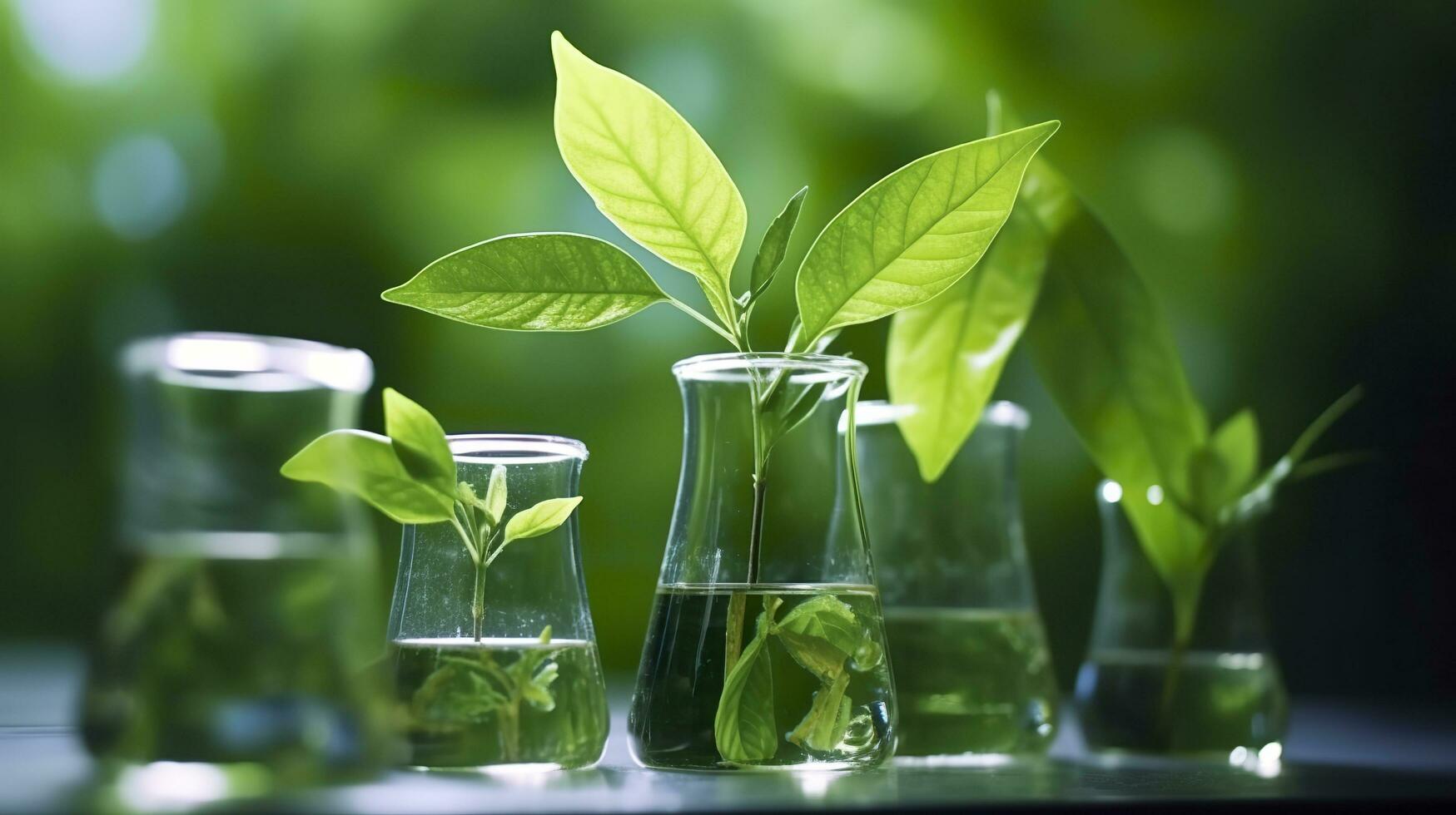 Biotechnology concept with green plant leaves, laboratory glassware, and conducting research, illustrating the powerful combination of nature and science in medical advancements.  AI Generative photo