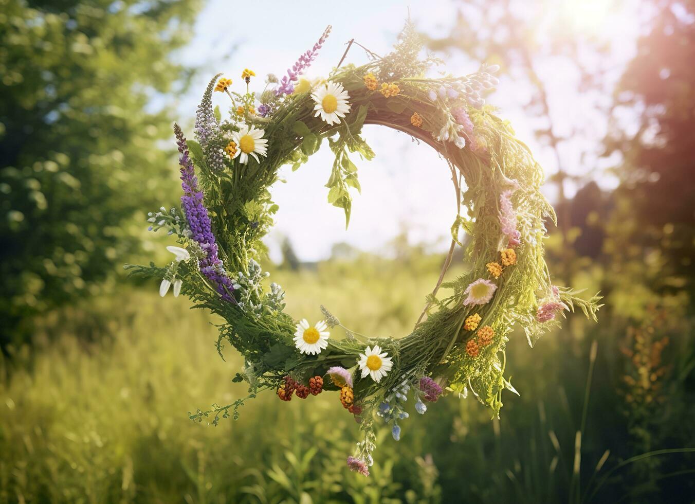 Rustic wildflowers wreath on a sunny meadow. Summer Solstice Day, Midsummer concept. Generative AI photo