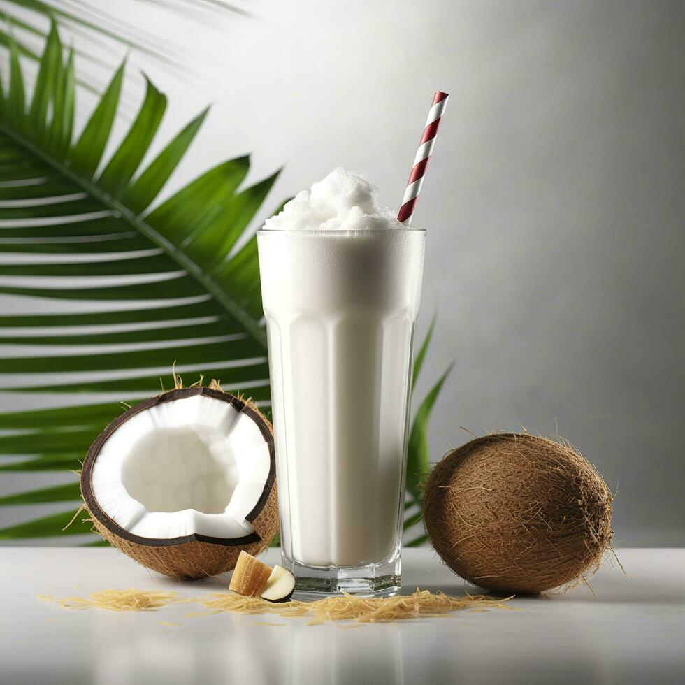 Coconut milk shake glass with fresh sliced coconut. Generative AI photo