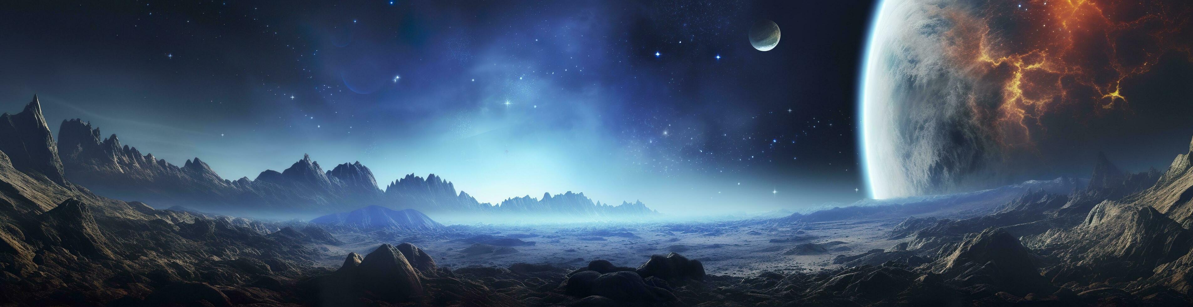 Panorama of distant planet system in space 3D rendering elements. Generative AI photo