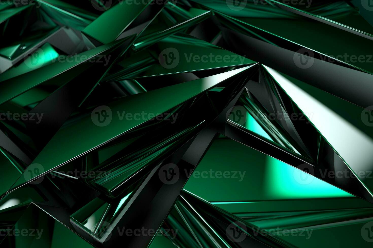Abstract metallic green sapphire silver triangular pattern. 3d render illustration of modern geometric wallpaper.AI generated, Generative AI. photo