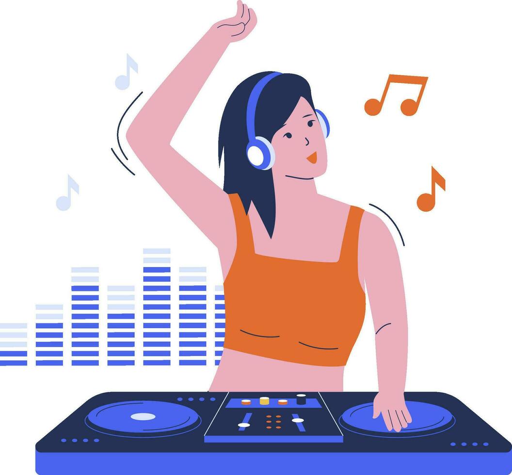 plano diseño de mujer jugando DJ música en el mesa vector