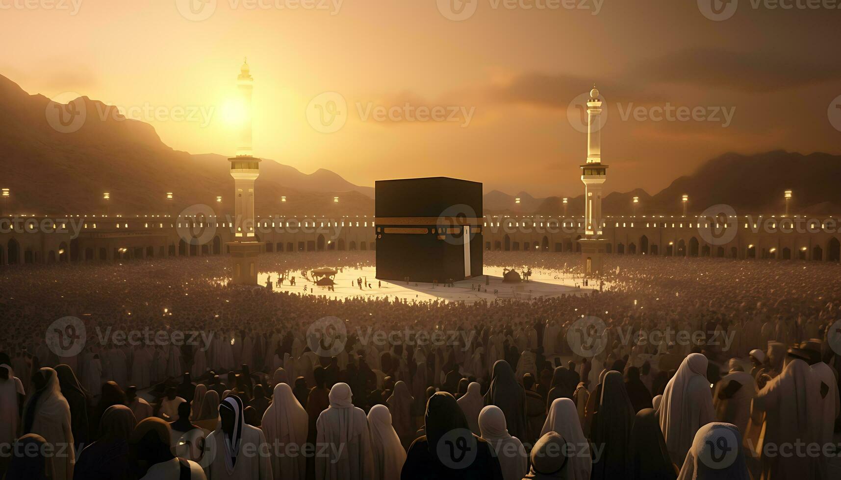 musulmán peregrinos desde todas terminado el mundo reunido a realizar Umrah o hajj a el haram mezquita en la meca ai generado foto