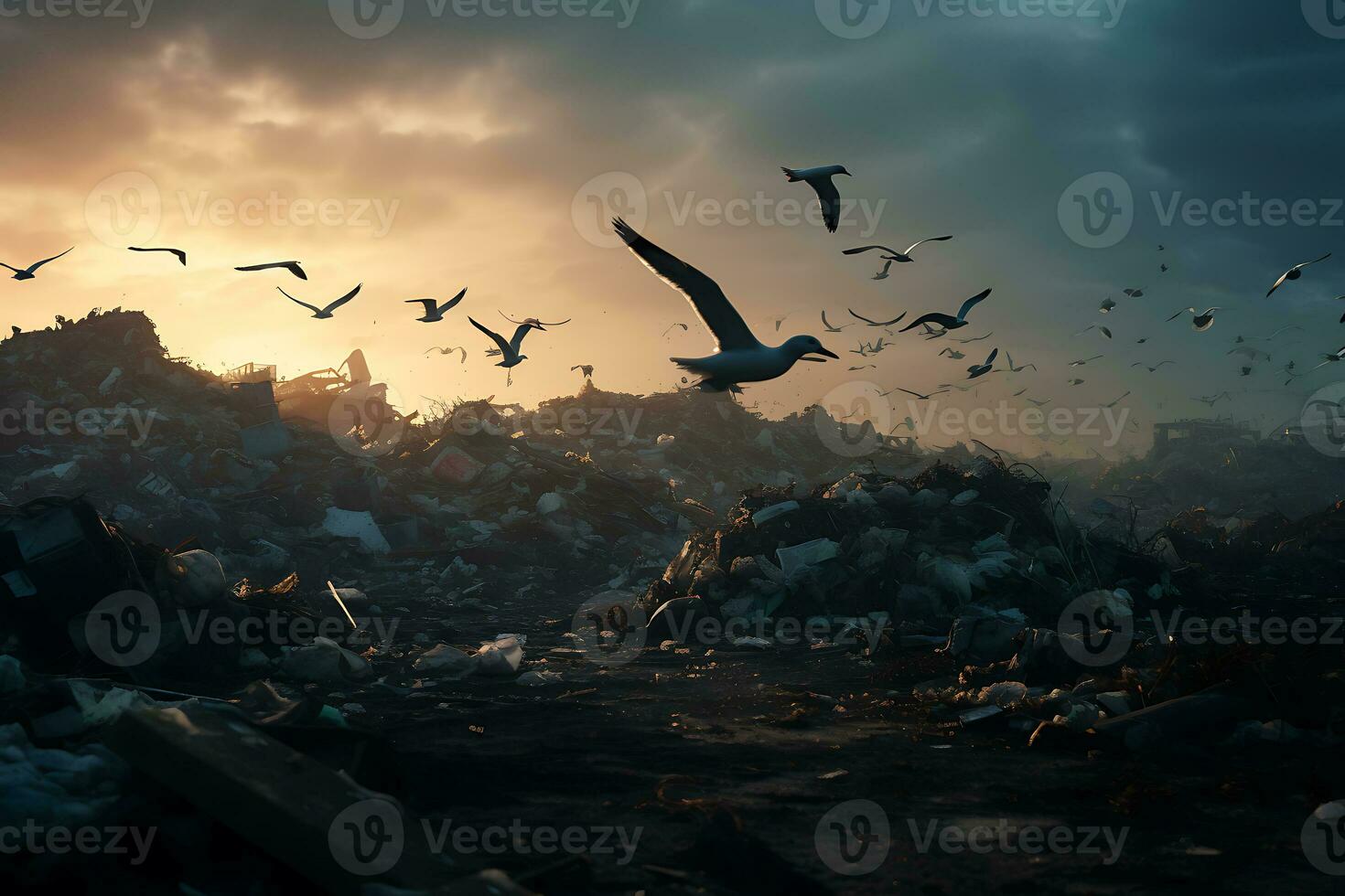 basura tugurio con volador Gaviotas contaminación ambiente concepto ai generado foto