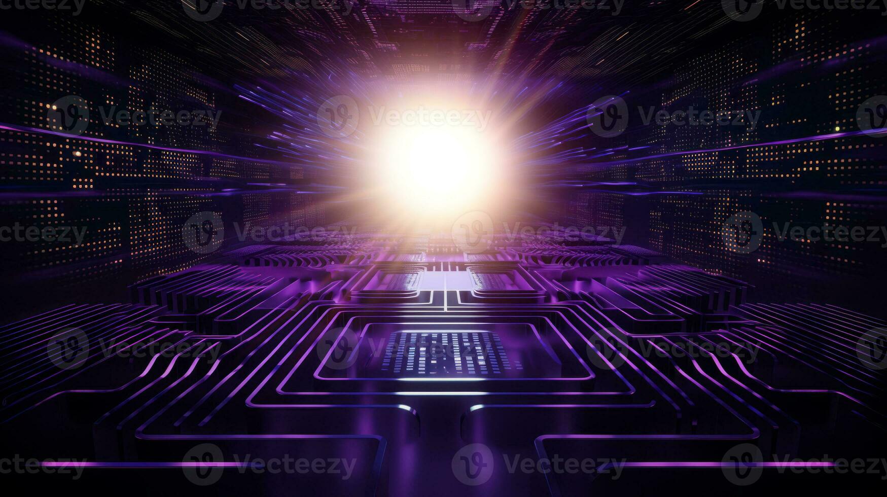 Closed up of CPU on the circuit board with purple lighting. Technology, innovation and future concept.AI generated, Generative AI photo