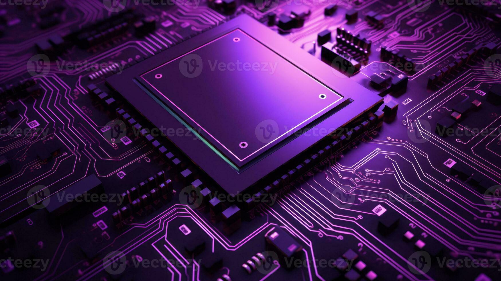 cerrado arriba de UPC en el circuito tablero con púrpura Encendiendo. tecnología, innovación y futuro concepto.ai generado, generativo ai foto