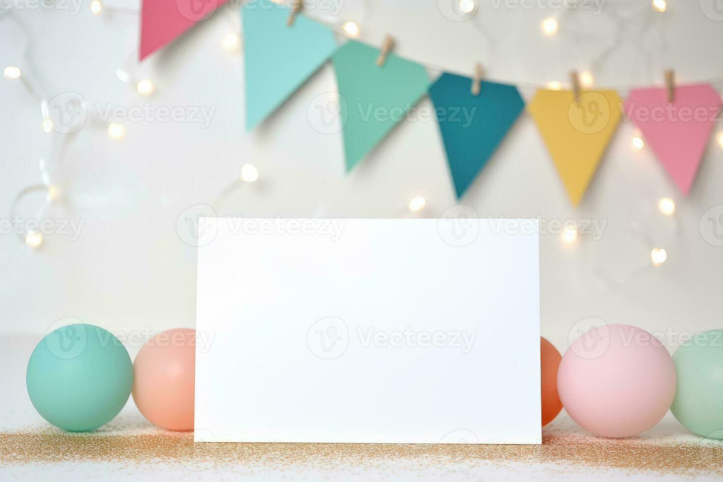 Birthday party card with balloons,cake,candles,flag and gift box.Kid birthday party,invitation and greeting card concept. AI generated photo