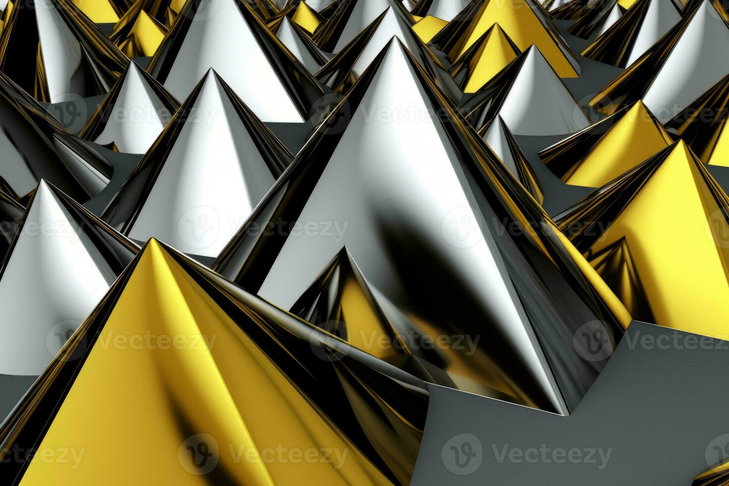 Abstract metallic yellow sapphire silver triangular pattern. 3d render illustration of modern geometric wallpaper.AI generated, Generative AI. photo