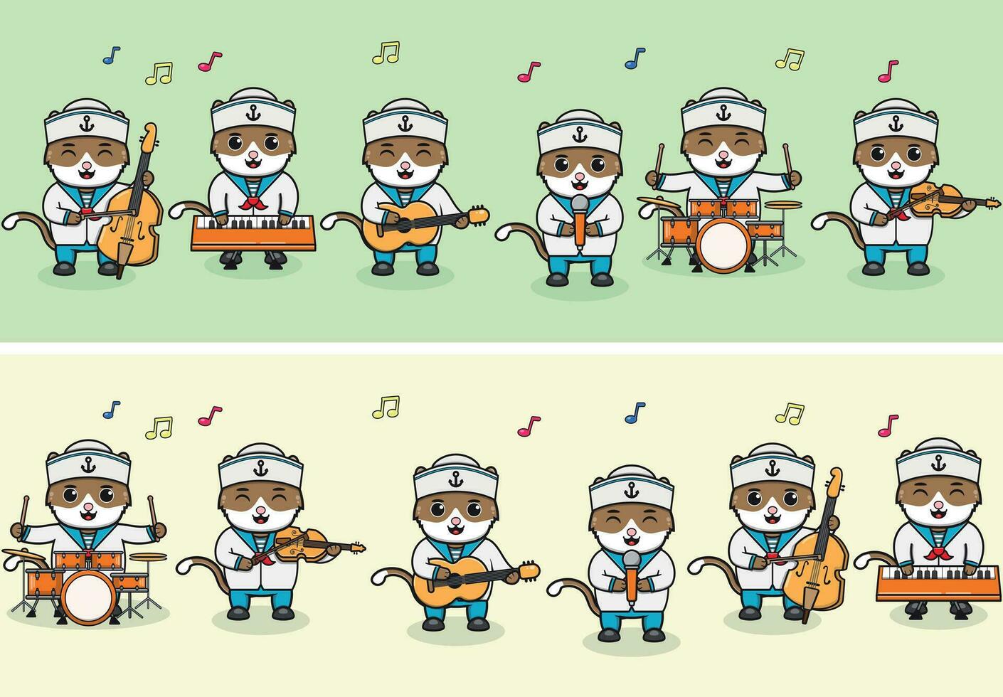 Vector Illustration of Cute Cat sailors Music Band. Big set of cute Animal cartoon in professions. Cartoon flat style.