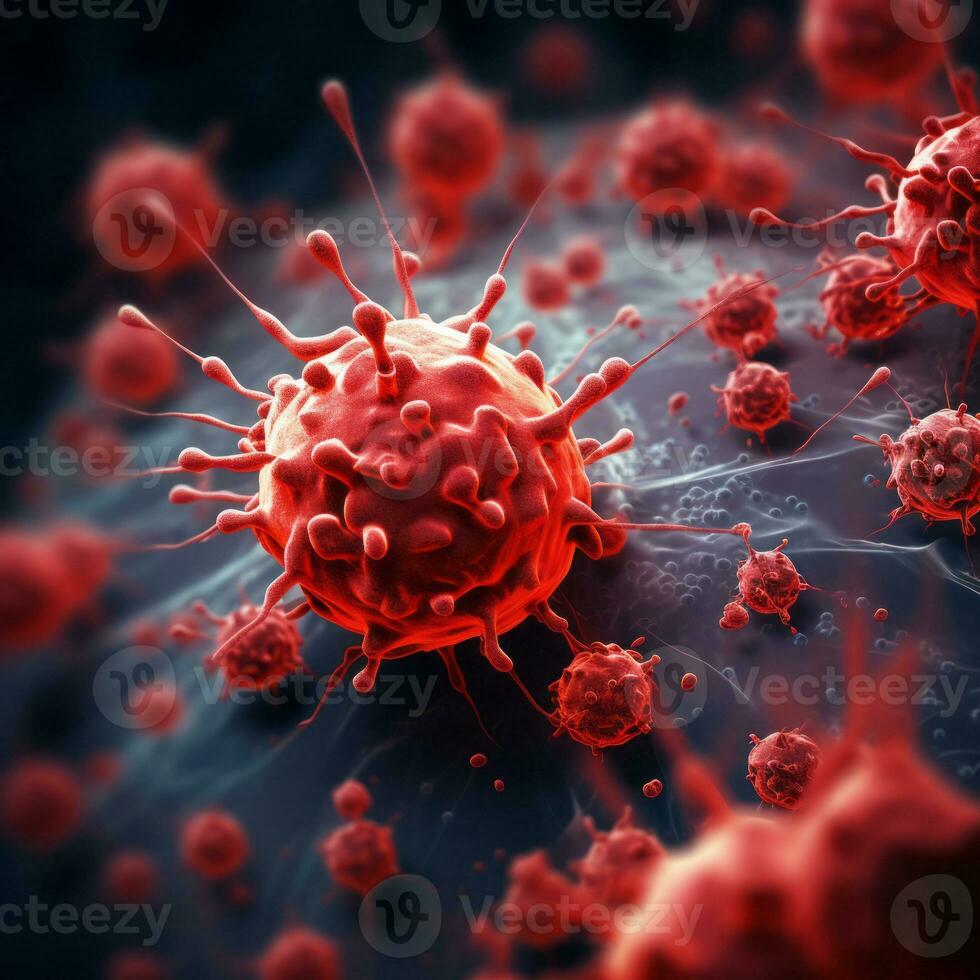 Microsopic of red virus bacteria attack blood cells .medical and science research concept.generative ai photo