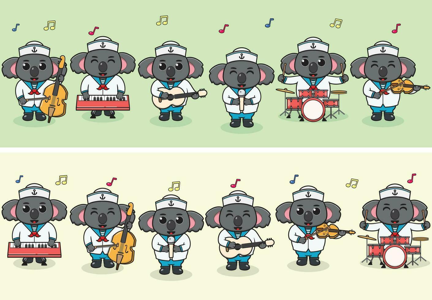 Vector Illustration of Cute Koala sailors Music Band. Big set of cute Animal cartoon in professions. Koala Cartoon flat style.