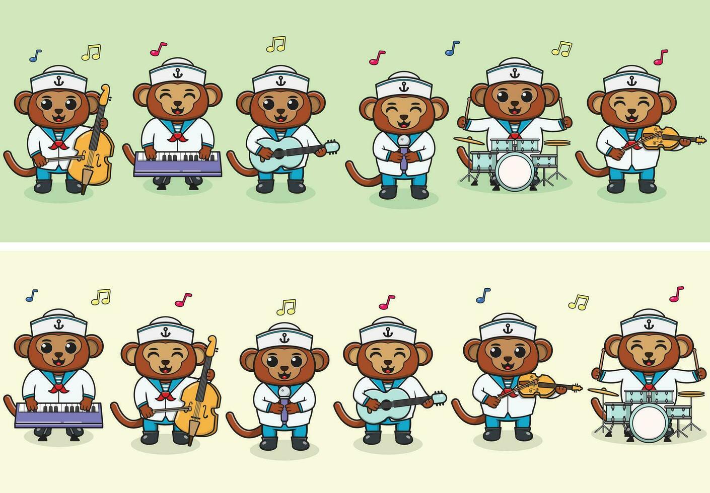 Vector Illustration of Cute Monkey sailors Music Band. Big set of cute Animal cartoon in professions. Monkey Cartoon flat style.