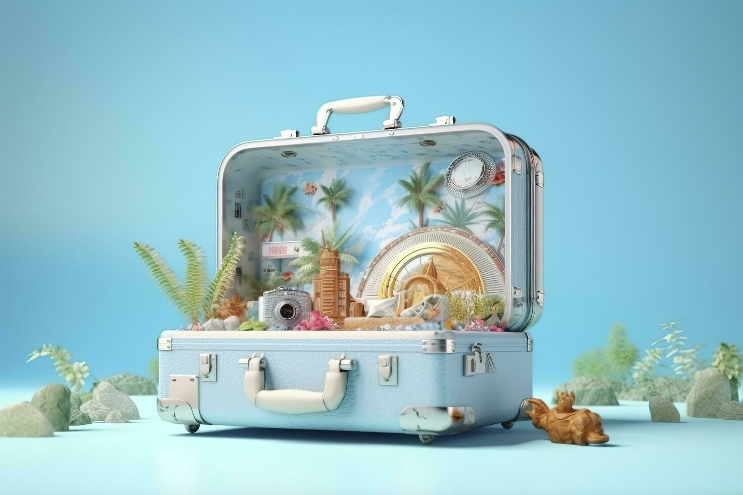 Creative Summer Beach Composition in Suitcase on Blue Background, A Travel Concept Idea in 3D Rendering. AI Generative photo