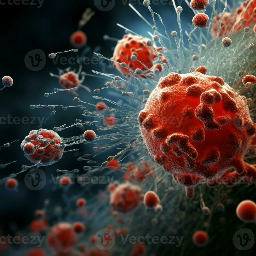Microsopic of red virus bacteria attack blood cells .medical and science research concept.generative ai photo