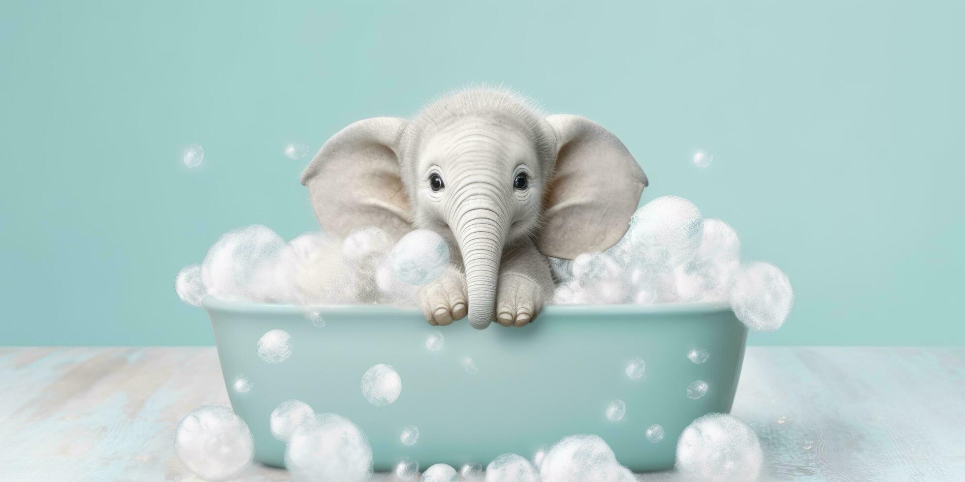 Minimalist Albino Elephant in a Bathtub of Soap Bubbles Against a Cyan Background. AI Generative photo