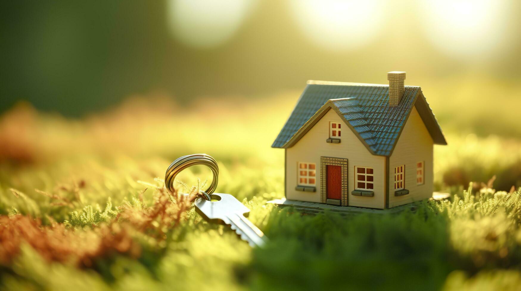 Copy space of home. Small model home on green grass with sunlight. AI Generative photo