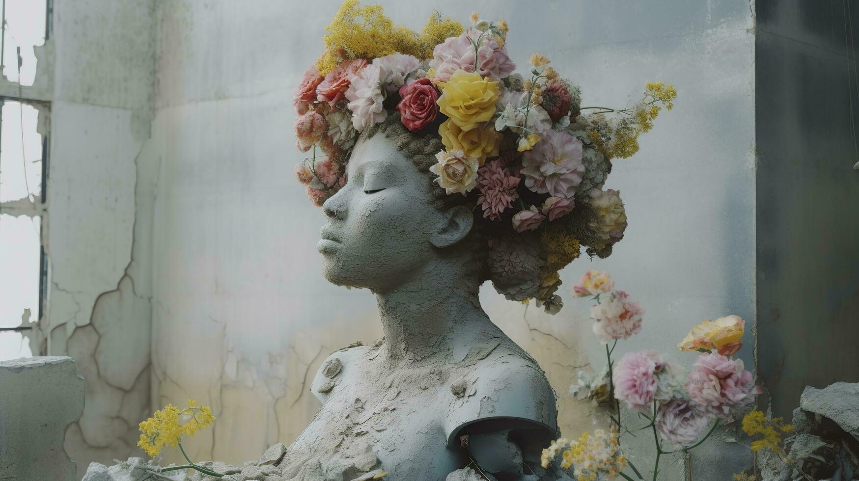 Real flowers cover a sculpture in a concrete building, a sculpture inspired, pastel accent colors, hip hop sculpture, AI Generative photo