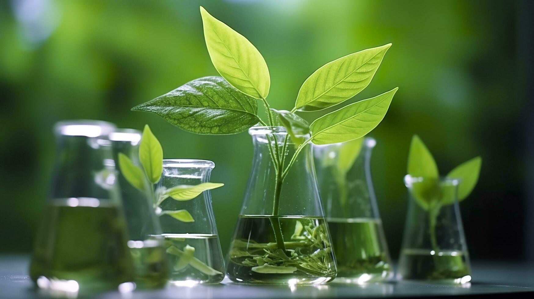 Biotechnology concept with green plant leaves, laboratory glassware, and conducting research, illustrating the powerful combination of nature and science in medical advancements.  AI Generative photo