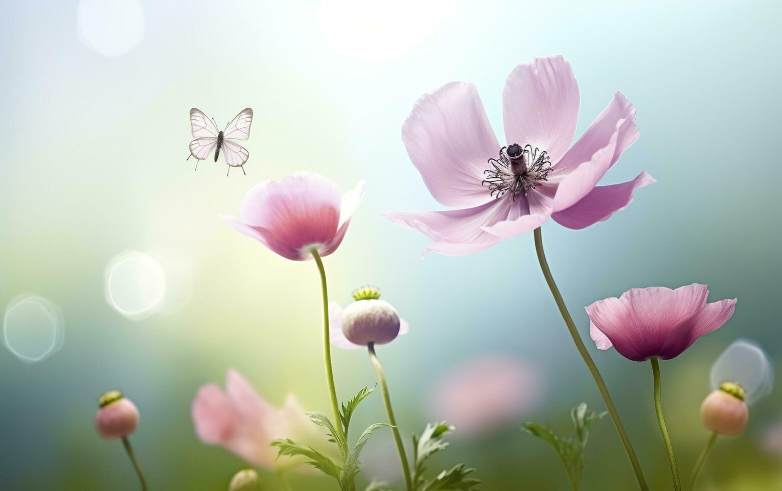 Fresco primavera Mañana en naturaleza y revoloteando mariposas en un suave verde antecedentes. generativo ai foto